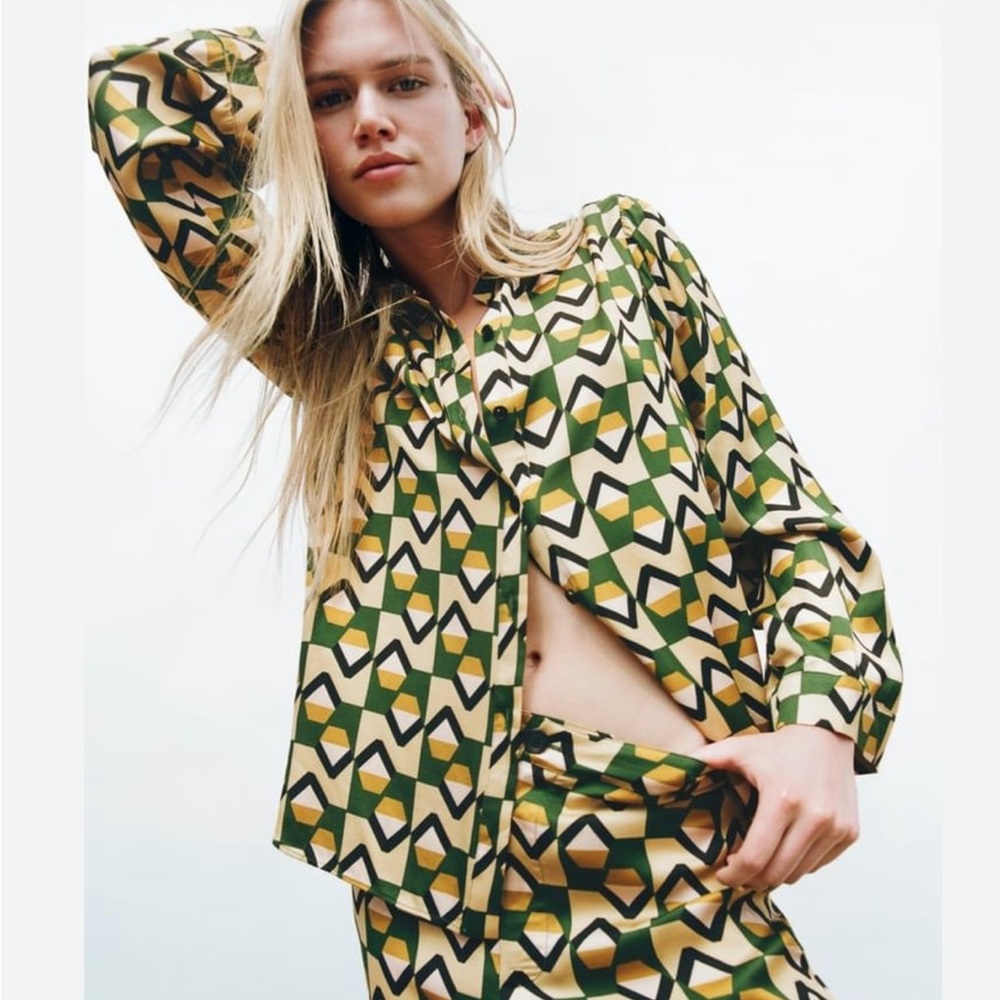 Zara Geometric Button Down Shirt - Green, Yellow, Black